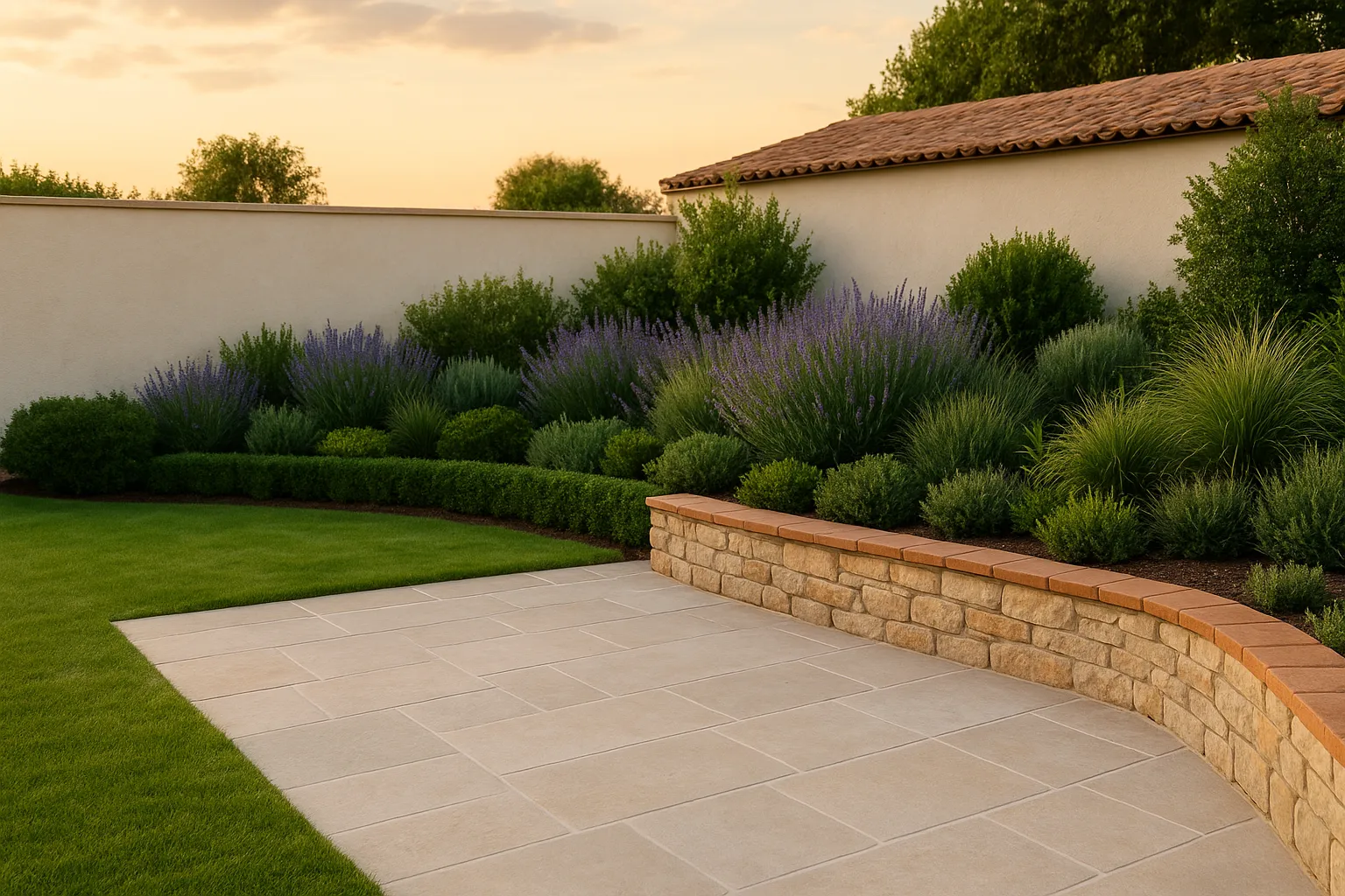 A finished residential garden in Logroño with stone paving, established planting, and warm afternoon light